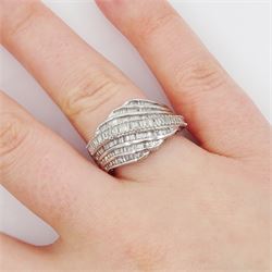 9ct white gold six row baguette cut diamond ring, hallmarked