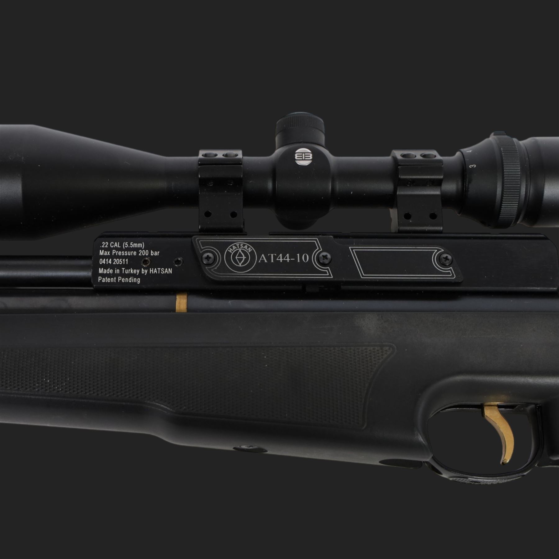 Hatsan AT44-10 air rifle, .22 cal, Max pressure 200 bar, serial number 041420511, fitted with 3-12x50 scope, L118cm