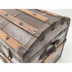 Early 20th century wood and metal bound trunk with dome hinged top