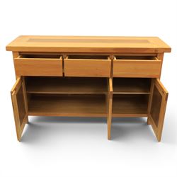 Contemporary oak sideboard, fitted with three drawers and three cupboards
