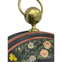 Honore Pons of Paris -  A good and early 19th century Tole Ware wall clock c1830, with a later re-decorated case suspended from a circular brass hanger, cast brass dial bezel and silvered engine turned dial with roman numerals, minute track and steel moon hands, 8-day twin train countwheel striking movement with a silk suspension, striking the hours and half hours on a bell. With pendulum and key.
