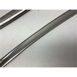 Early 19th century French Lancers officer's sword c1810, the 84cm curving fullered blade retaining most of its bluing, gilding and engraved decoration, inscribed I.S.& C. to ricasso (for Schimelbusch), brass three-bar hilt with elongated elliptical langets and wire-bound leather grip; in polished steel scabbard with two brass suspension rings L100cm overall