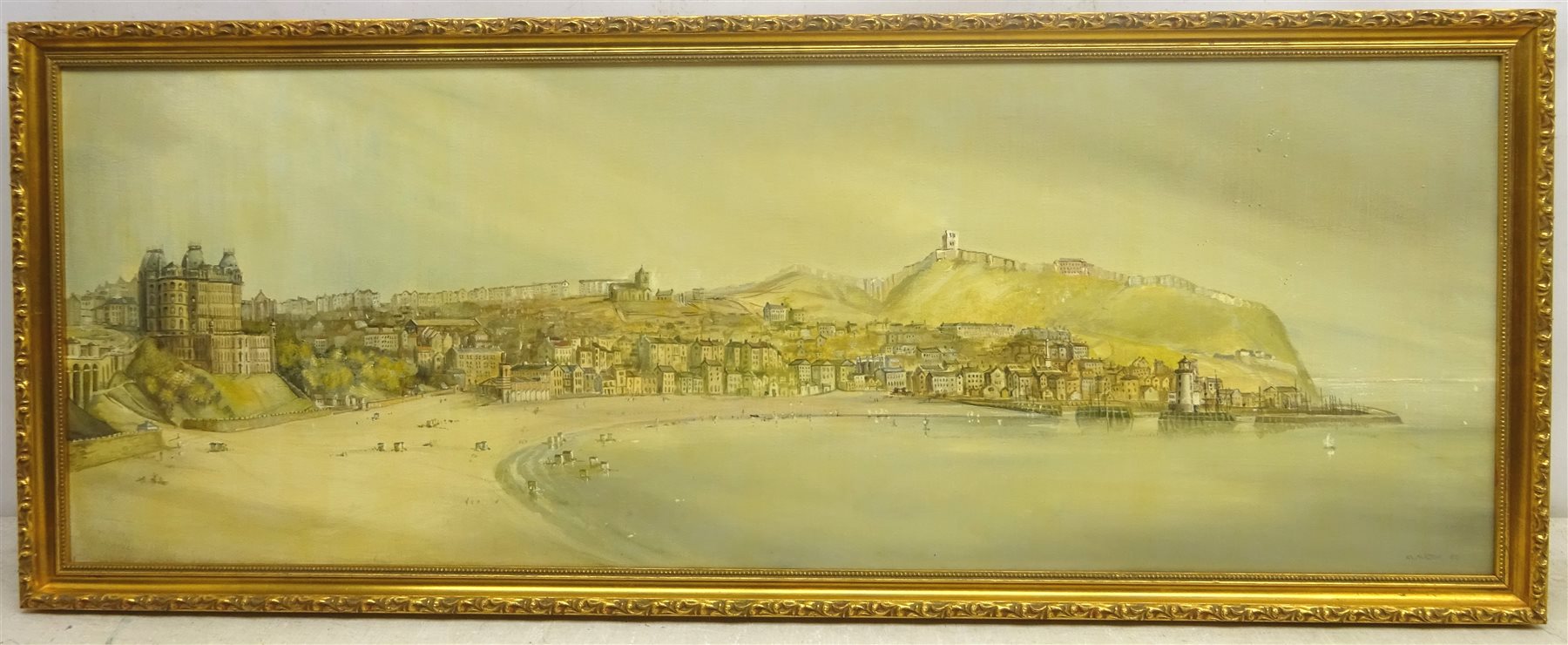 Hilary Johnson (British 20th century): Rock Pooling at Bridlington, oil on board signed, and Michael Major (British 20th century): Bathing Machines on the South Bay Scarborough, oil on canvas signed and dated '82, 35cm x 98cm