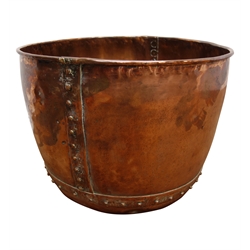  Large copper circular log bin, part riveted body, D63cm, H48cm   