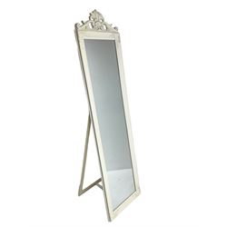 Cream finish dressing mirror, s-scroll and leaf pediment, moulded frame with cartouche and foliate berry corners