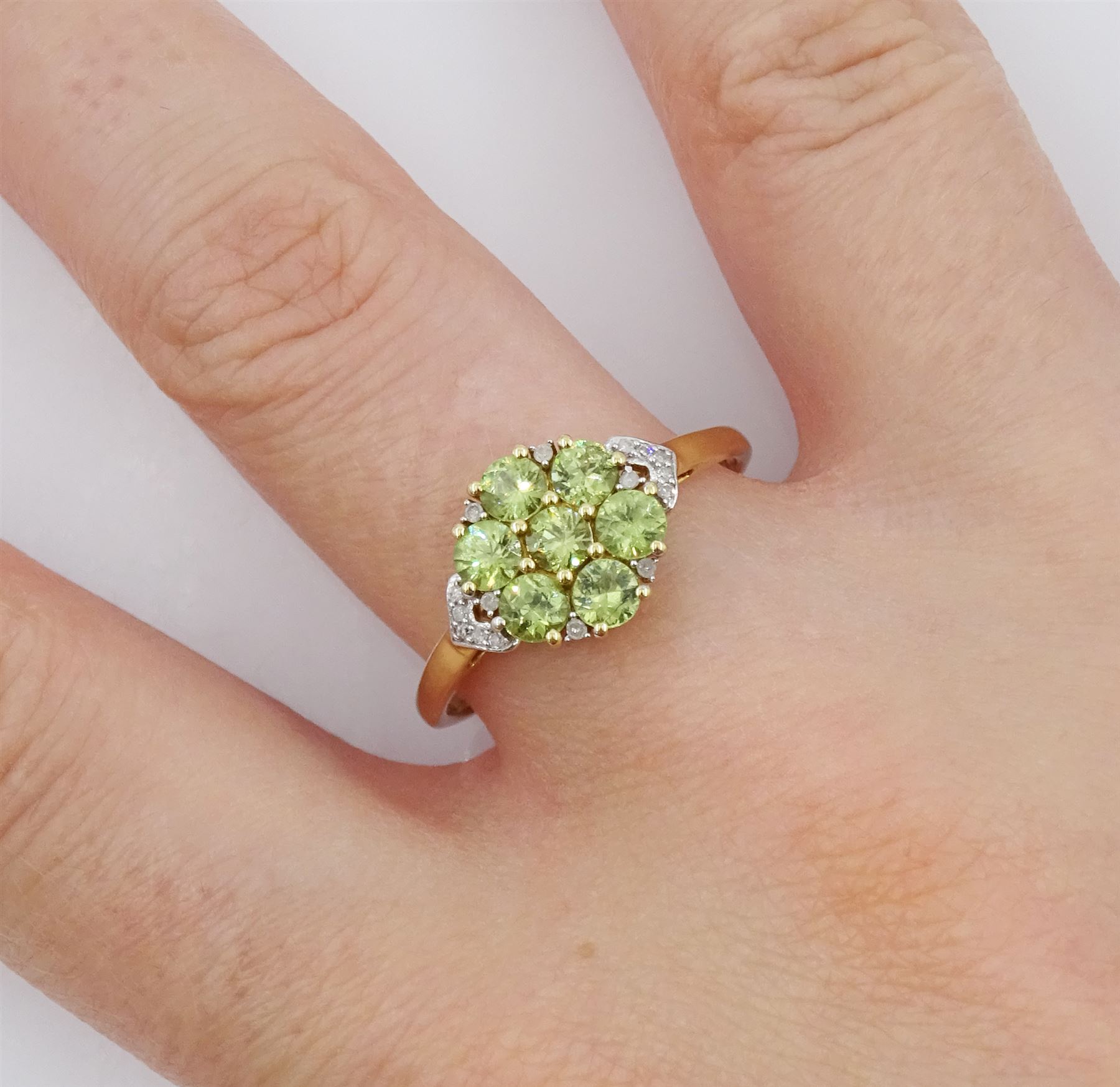 9ct gold demantoid garnet and round brilliant cut diamond cluster ring, hallmarked