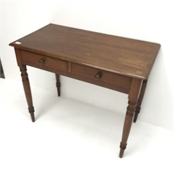 Victorian mahogany side table, two drawers, turned tapering supports, W92cm, H74cm, D49cm