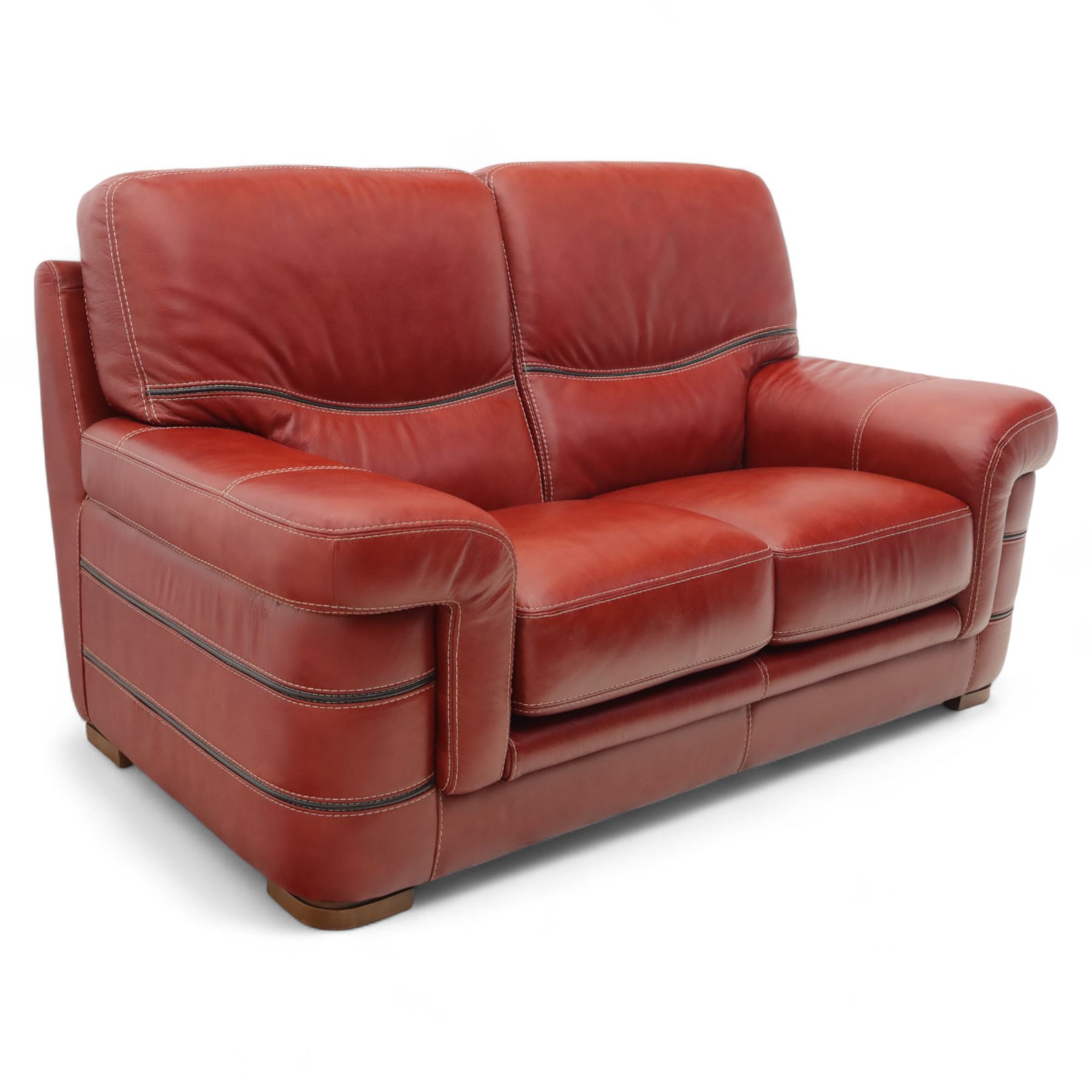 Bardi, Italy - two-seat sofa and footstool, upholstered in deep red leather, stool 72x63x39cm 