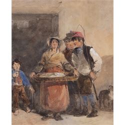 Manner of Sir David Wilkie (Scottish 1785-1841): The Fish Lady, watercolour heightened in white unsigned 24cm x 20cm 