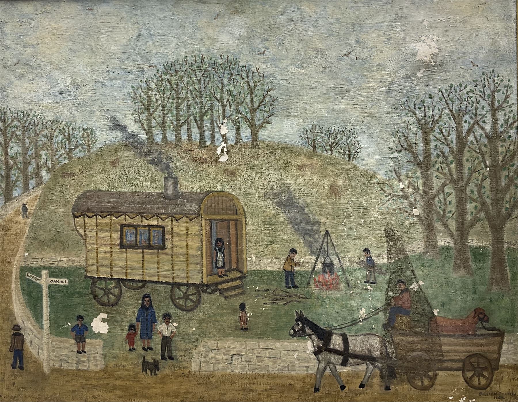 Gillian Beckles (Naive British School 1918-2016): 'Gypsy Camp', oil on canvas signed and dated 55cm x 70cm