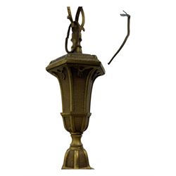 Collection of vintage and modern light fixtures, including copper pendant light, brass five-arm chandelier, hanging lantern and two small chandeliers with hanging faceted droplets (6)