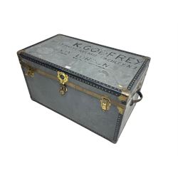 Vintage travelling trunk, leather edges with studwork and brass fittings
