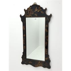 Chinese black lacquered shaped wall mirror fitted with bevelled plate, 54cm x 108cm