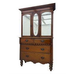 Victorian walnut dresser, projecting cornice over mirrored front, fitted with two short over two long drawers, on turned feet