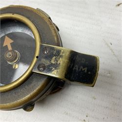 Broadhurst Clarkson brass and leather 4-draw telescope, the first draw with graduations, sliding lens shroud and leather covers for both ends on shoulder strap; marked 'Broadhurst Clarkson & Co. Ltd. 63 Farringdon Road London E.C.', L87cm fully extended; together with a WWI brass marching compass marked F-L No.123113 1918 (broad arrow); crudely etched L.H. McD. Latham; in associated Brooks & Co. leather case dated 1913 stamped W.B. Constable (2)