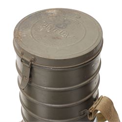 British military leather cordite shot carrier with coat of arms H52cm, Zuckerman Civil Defence helmet with liner and inscribed H.F.P. (Head of Fire Party),  and two gas masks