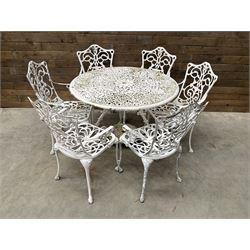 Victorian design cast aluminium circular garden table (D109cm, H72cm) and six armchairs 