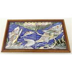  Three sets of two framed tiles, in the style of William De Morgan, two decorated with stylized fish and a Galleon with Dolphins, 30cm x 15cm (3)  