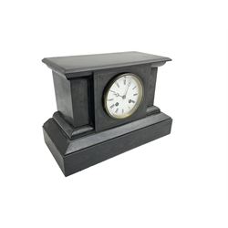 French - 19th century Belgium slate 8-day mantle clock, in a break front case with a flat top on a broad plinth, white enamel dial with Roman numerals and steel moon hands, striking movement, striking the hours and half hours on a bell. With pendulum.