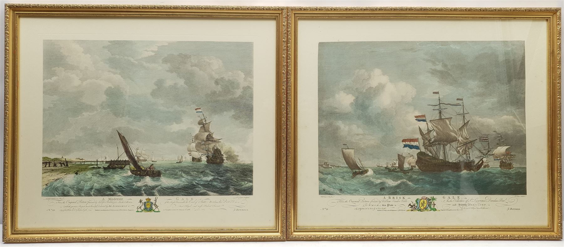 After Willem van de Velde II (Dutch 1633-1707): 'A Brisk Gale' and 'A Moderate Gale', pair 20th century lithographs 43cm x 53cm (2)