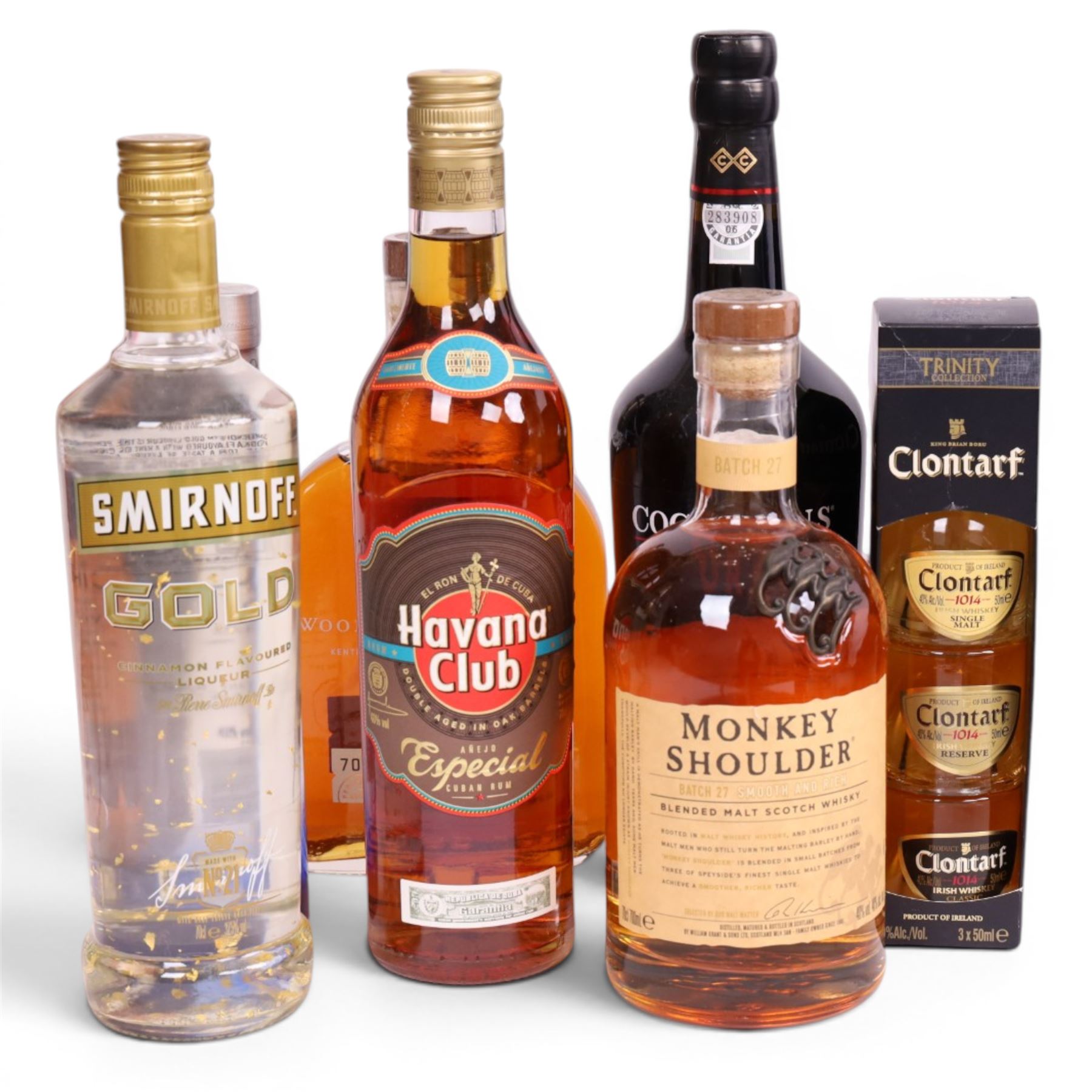 Mixed alcohol, including Monkey Shoulder, blended scotch whisky, Woodford Reserve, Kentucky bourbon whiskey, Cockburn's Special reserve port etc, together with a selection of miniatures, various contents and proof 