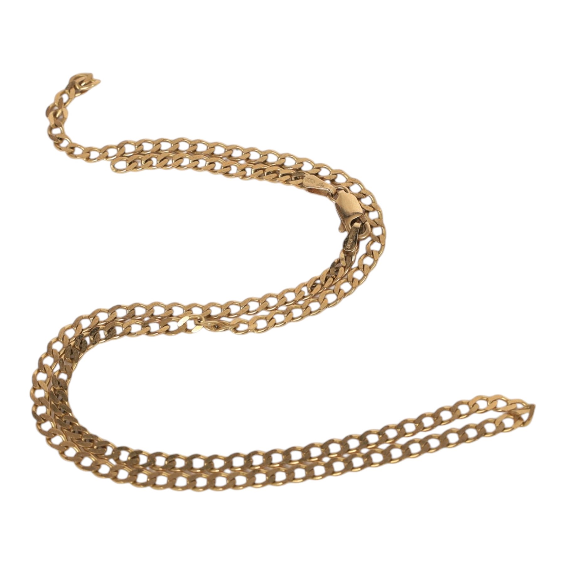 9ct gold jewellery, comprising bangle with metal core, curb link chain and fine chain