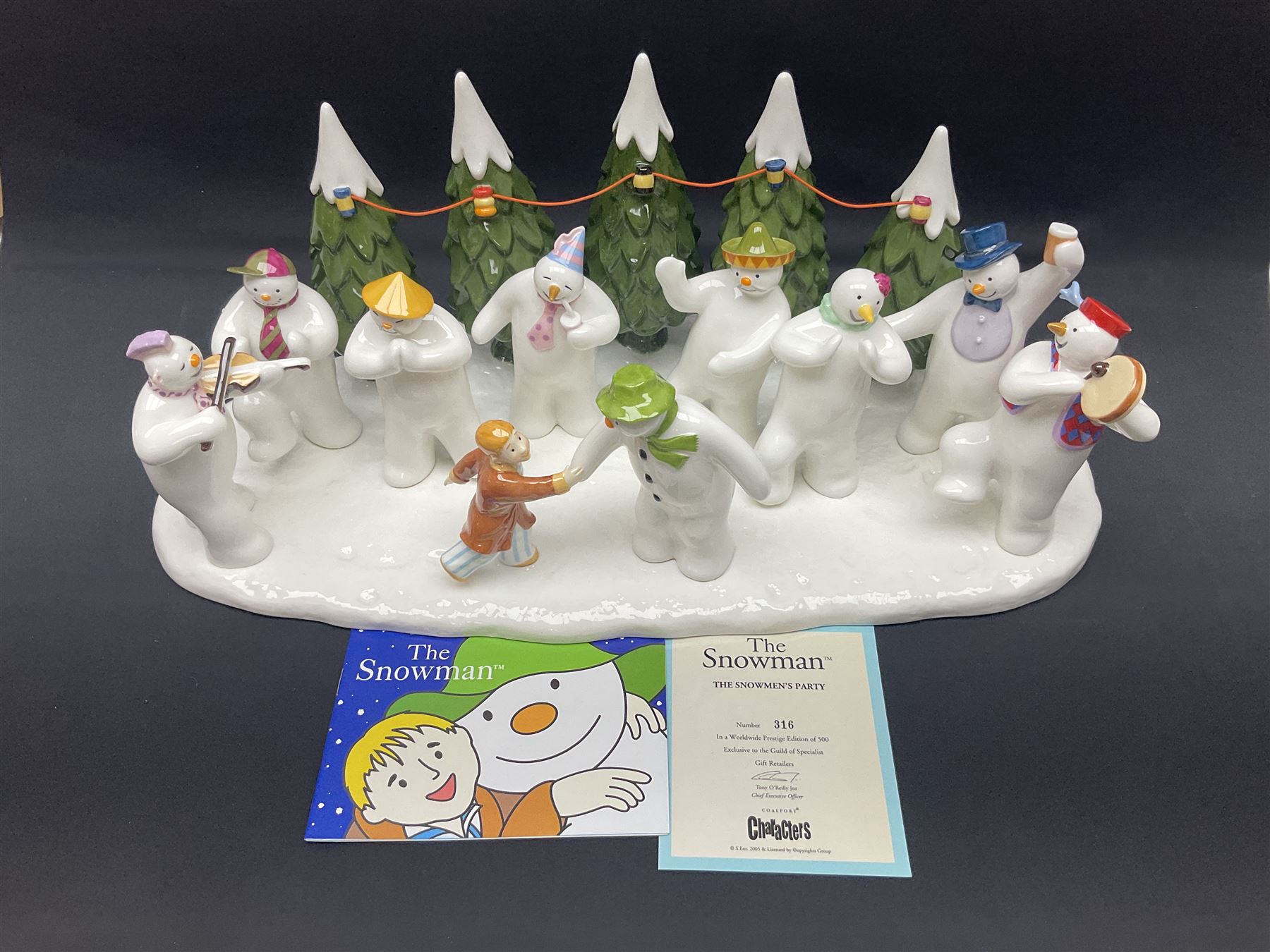 Coalport Characters The Snowman; The Snowman's Party, modeled as the party scene from the snowman, limited edition 316 of 500, with certificate and original box, H16cm L47cm   