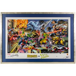 Two large limited edition Marvel lithographic prints by Dynamic Forces, comprising Marvel Origins Anniversary, limited edition no. 111/1961 and The Avengers vs. X-Men, limited edition no. 170/1963, both signed by Tom Grindberg and Tom Smith, with certificates of authenticity, largest H43cm, W86cm
