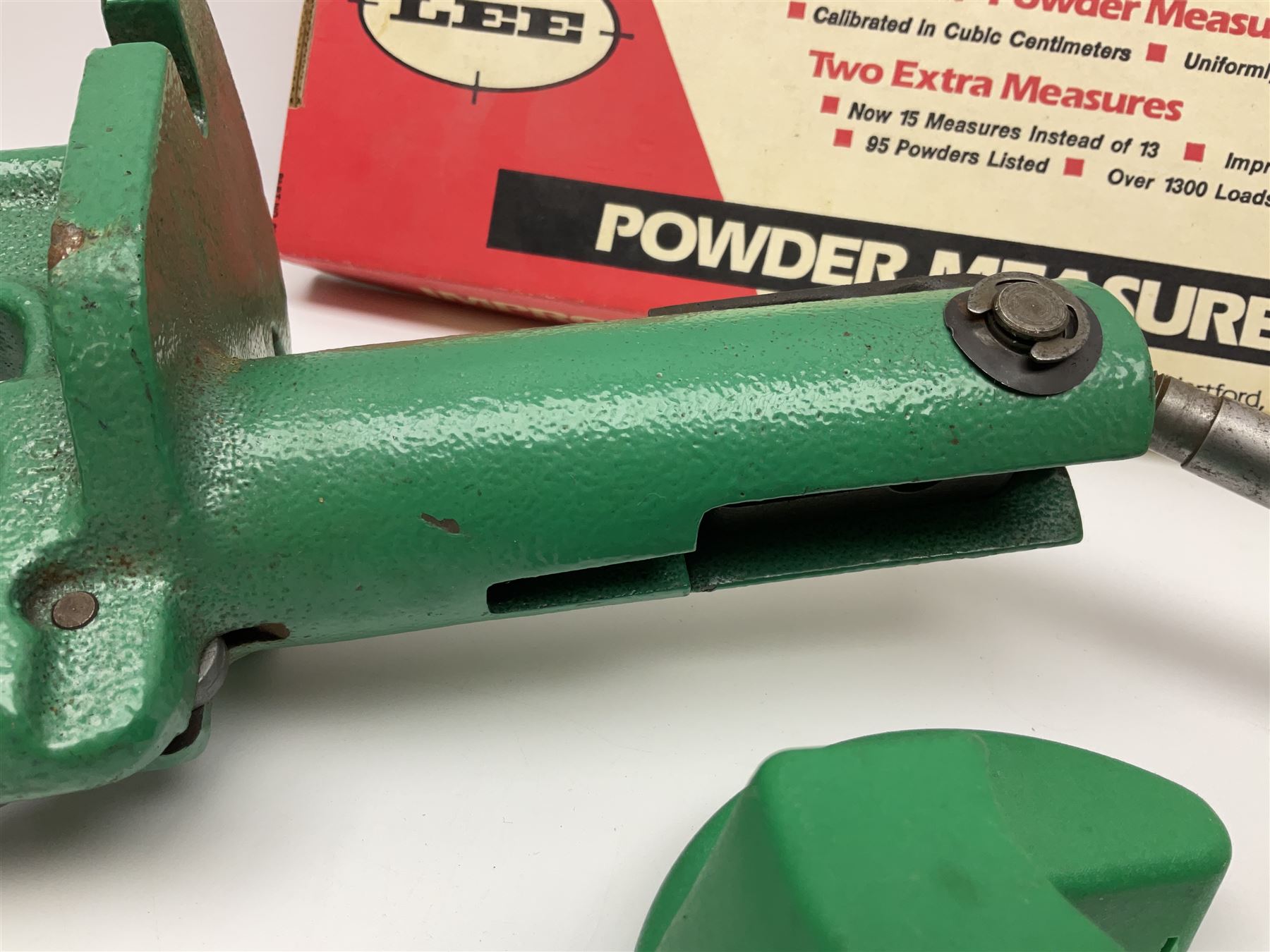 RCBS single station loading press with shell holder and powder funnel; and boxed Lee Powder Measure Kit