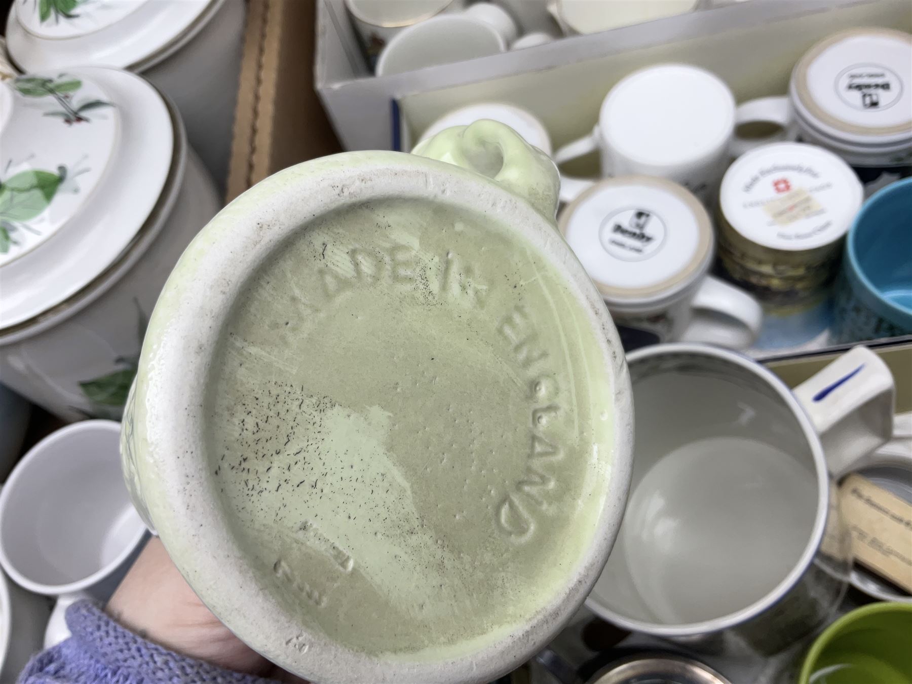 Large collection of ceramics to include God Speed the Plough loving cup, Denby, Coalport, Portmeirion, quantity of mugs etc in four boxes