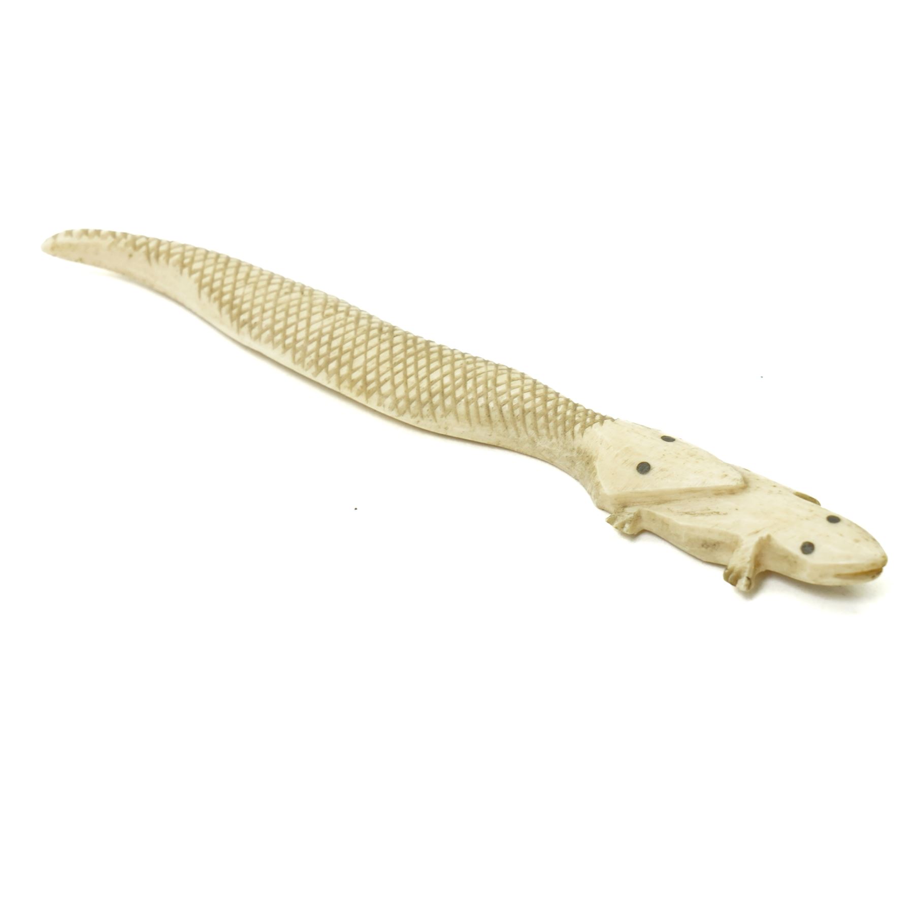 Carved bone model of a snake eating a lizard L12cm, 19th century papier mache snuff box, formerly the property of Colonel May and a travelling inkwell in the form of a barrel