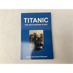 Titanic cover with Canadian cancellation signed David Haisman and cover with Queenstown cancellation signed by stamp designer, book signed David Haisman, two Titanic covers and book signed David Haisman, Titanic Facsimile postcard signed David Haisman and cover with Alderney cancellation signed by stamp designer, Biography of Edith Brown signed David Haisman (9)