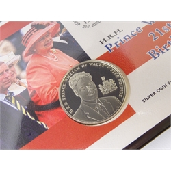  Six silver coin covers 2002 'Queen Elizabeth II's Golden Jubilee' silver five pounds, 2003 '21st Birthday of Prince William' silver proof five pounds, 2008 'Prince Charles' 60th Birthday' silver proof five pounds, 2012 'The Queen's Diamond Jubilee' gold-plated silver five pounds, all in Westminster folders and  2012 'King George VI 75th Coronation Anniversary' and 'Queen Elizabeth 75th Coronation Anniversary' each with silver five pounds, housed together in a Westminster folder  