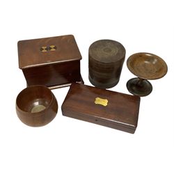 20th Century turned oak lidded tobacco jar, together with other turned treen including a bowl with 1977 Jubilee Crown to interior, and other wood boxes to walnut money box etc