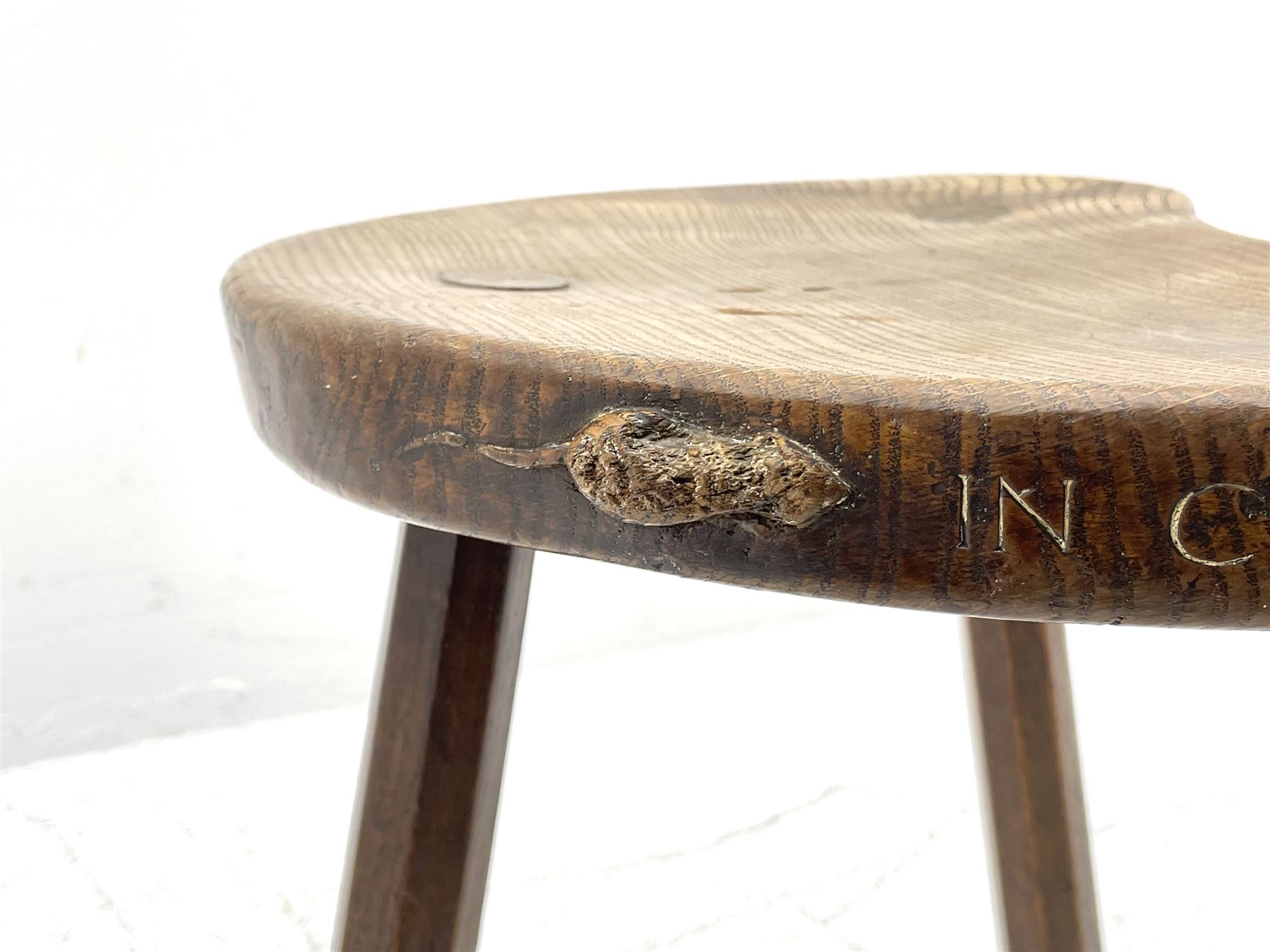 'Mouseman' early 1960s oak stool, dished kidney shaped seat inscribed on edge 