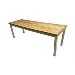 Traditional pine kitchen or dining table, rectangular top, raised on white painted square supports