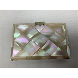 Mother of pearl and abalone inlaid card case, with central diamond shaped panel engraved with foliate decoration, together with a simulated mother of pearl card case of book form with green sun rays to cover, and simulated wood effect cigarette case with hinged lid with diamante style banding, largest L10cm