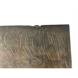 18th century oak sword chest or coffer, hinged lid with moulded edge and iron fittings concealing candle box and main compartment, the front with studwork spelling 'TC 1750', raised on bracket feet