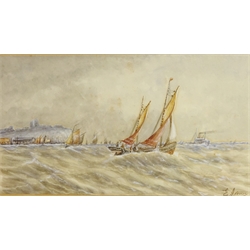  'Stormy Weather off Scarborough', watercolour signed by Ernest Adams, titled and dated 1918 in the mount 18cm x 32.5cm and Sailing Vessels in Stormy Seas off the Coast, watercolour sign by the same hand 17.5cm x 32cm (2)  