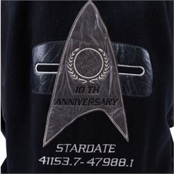 Star Trek The Next Generation 10th anniversary jacket, leather sleeves and collar with embroidered decoration throughout, including 10th anniversary emblem to back, 'Star Trek The Next Generation' to collar, 'Paramount Pictures Stages 8,9 & 16' to front and seven character names to interior, in size XXXXL, purchased in 1990s from Star Trek Experience Las Vegas