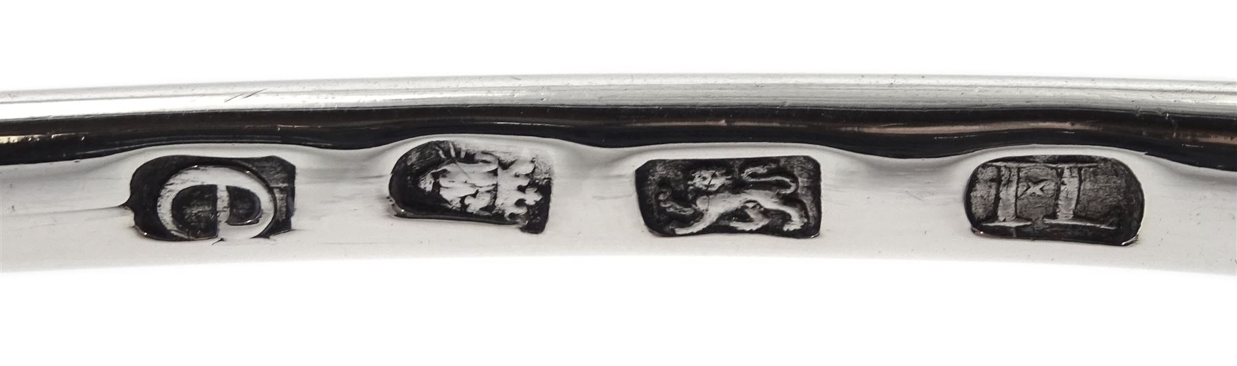 George III silver Old English pattern ladle, with engraved monogram to terminal, bottom struck, hallmarked John Lambe, London 1780, approximate silver weight 5.59 ozt (174 grams)