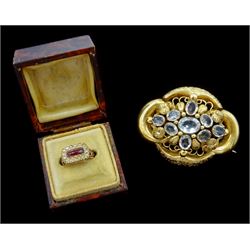 Victorian 9ct gold oval cut blue topaz brooch and a 9ct gold Victorian cabochon garnet and seed pearl ring