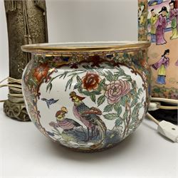Chinese Famille Rose planter, decorated with panels of birds and peonies, on a floral gilt ground, together with a Chinese Famille Rose ceramic table lamp, decorated with figural panels amongst a floral ground, and a composite table lamp, modelled as a geisha, with cream fabric shade, tallest with shade H70cm