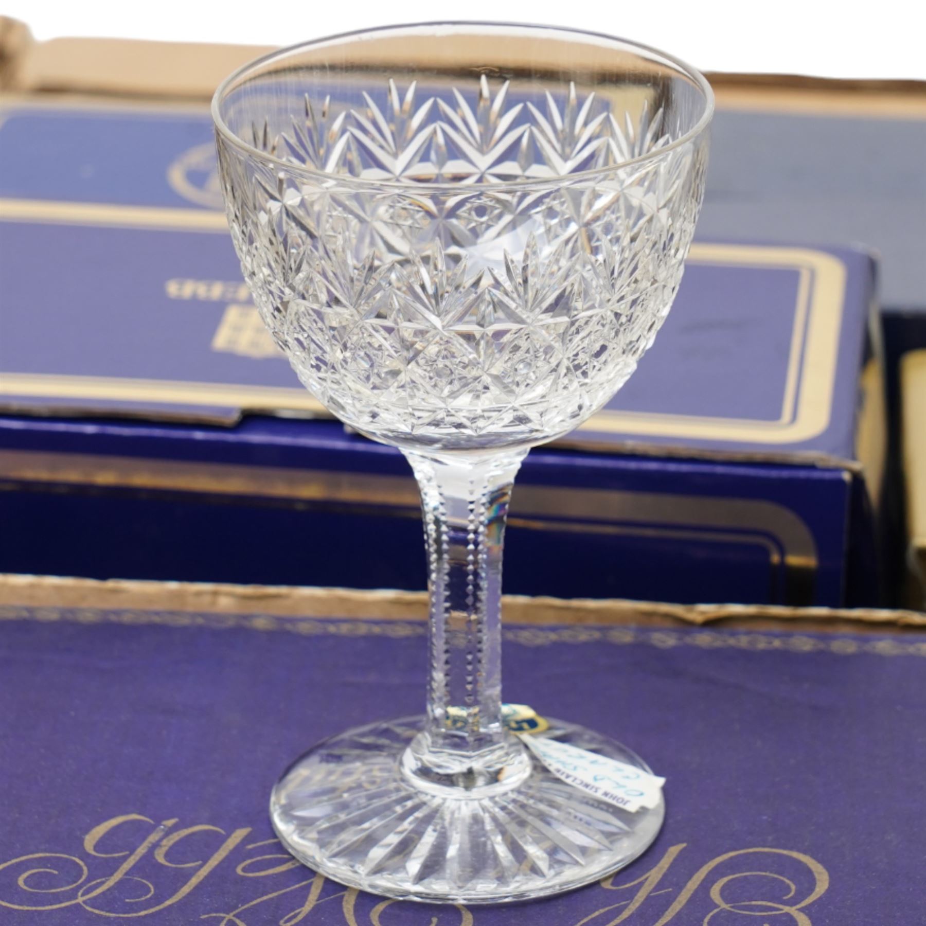 Large collection of boxed Thomas Webb crystal examples, mostly drinking vessels, in various patterns, between two boxes