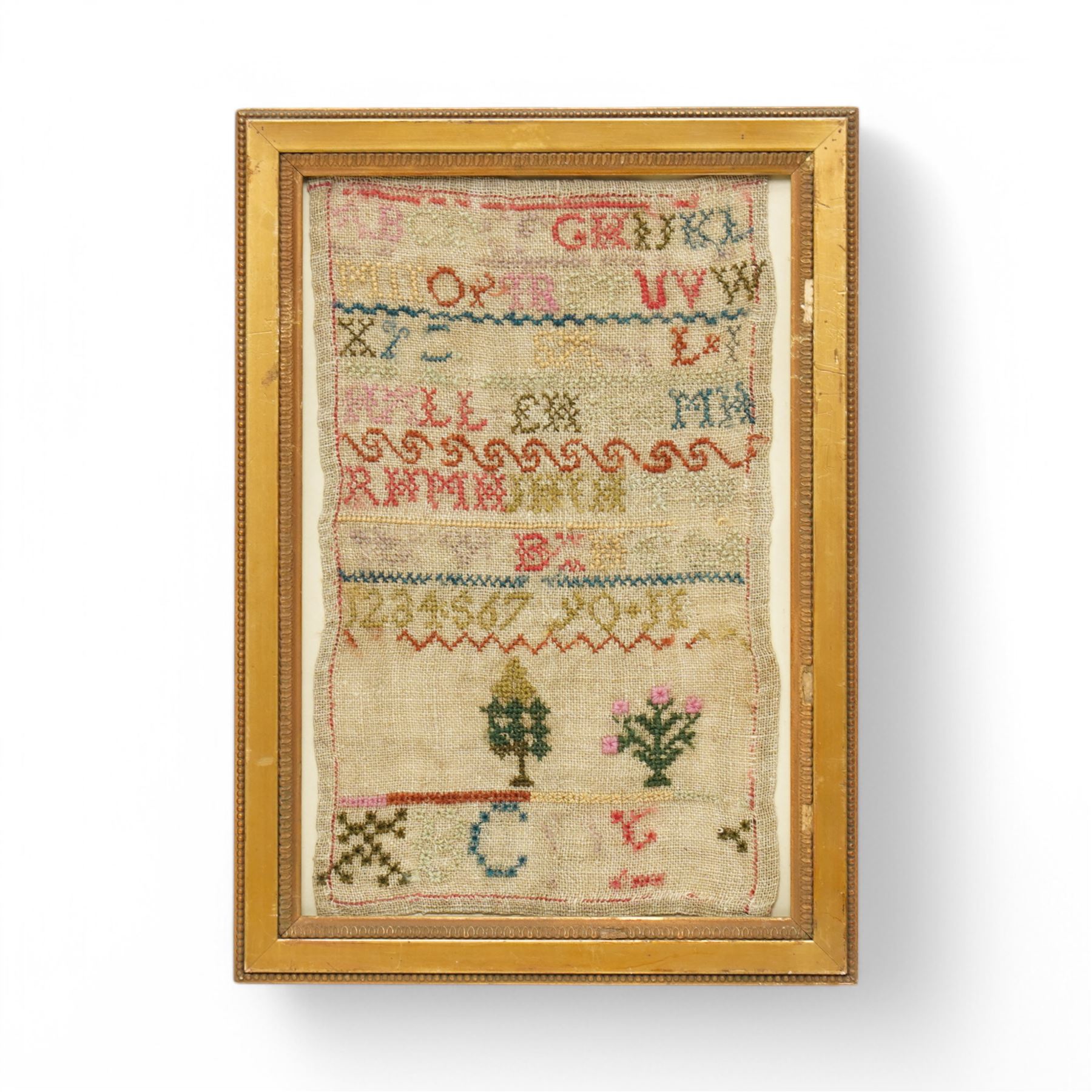 Early 19th century alphabet sampler by Sarah Beetham, with verse 'Sarah Beetham worked thif sampler in the 9 year of her age', together with two other early samplers, one by Eliza Popple of Gosberton, dated c. 1847, worked with alphabet, foliate and deer motifs, largest 32cm x 29cm (3)