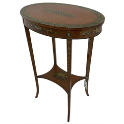 Edwardian satinwood side table, oval top hand painted with central fan motif and trailing flower heads, on square tapering supports terminating to out-splayed feet, united by moulded undertier 