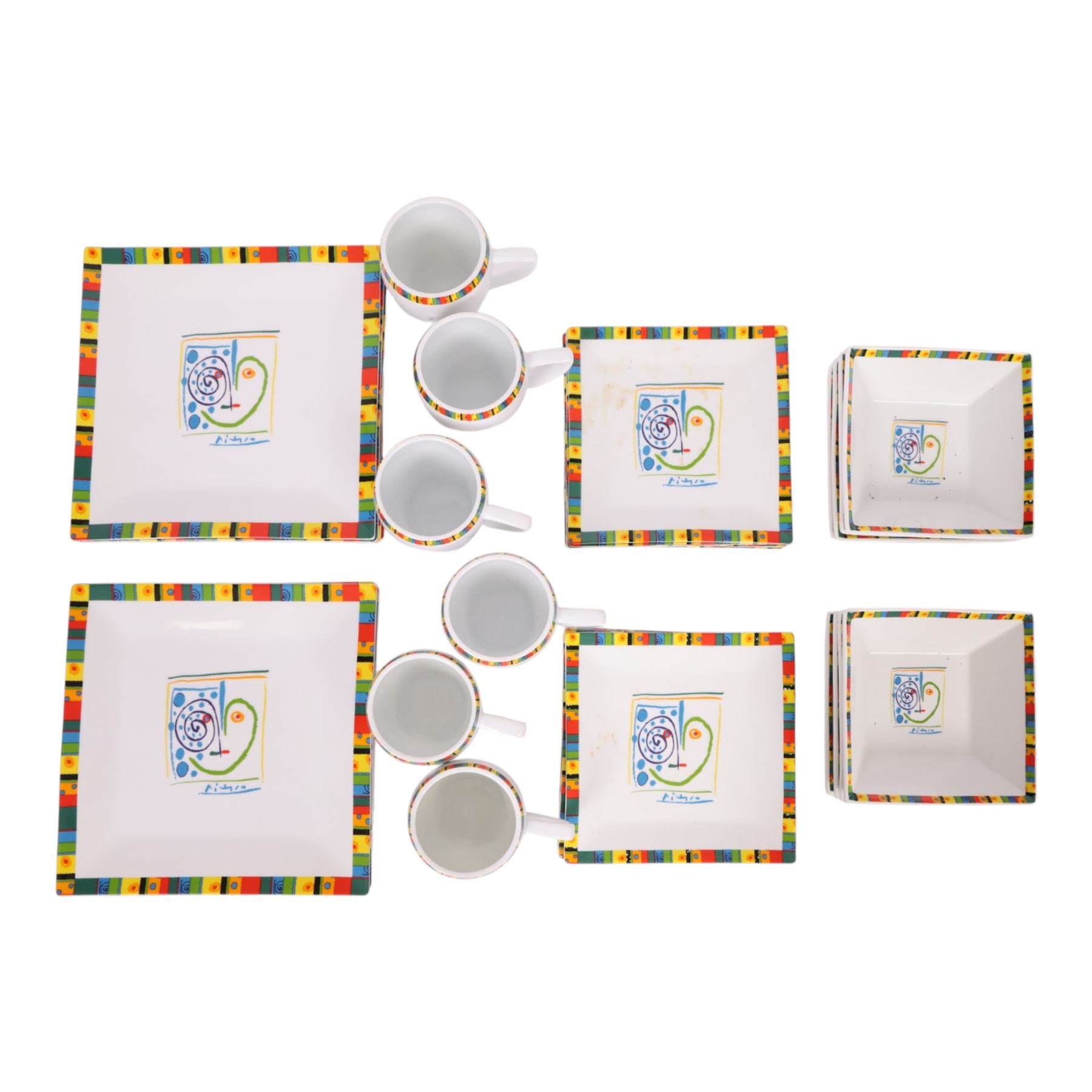 Succession Picasso The Heart pattern dinner service circa 2005, comprising eight dinner plates, eight side plates, eight bowls and six mugs, all with printed mark beneath
