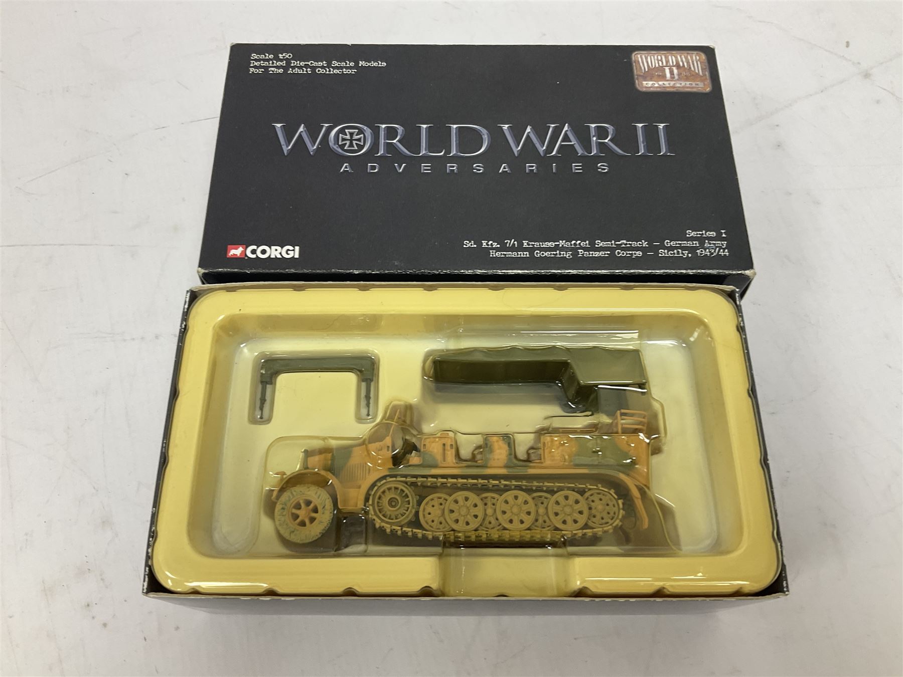 Ten Corgi Military models - Aviation Archive AA35706 Birth of the Jet Engine; WWII Legends CC60502 Tiger 1 Tank; VE Day CC60606 Cruiser Tank; four WWII Collection CC51707, CC60002, CC60301 & CC60105; WWII Allies Churchill Tank; WWII Adversaries Krauss-Maffei Semi-Track; and 07501 British Army Landrover & Trailer; all boxed (10)