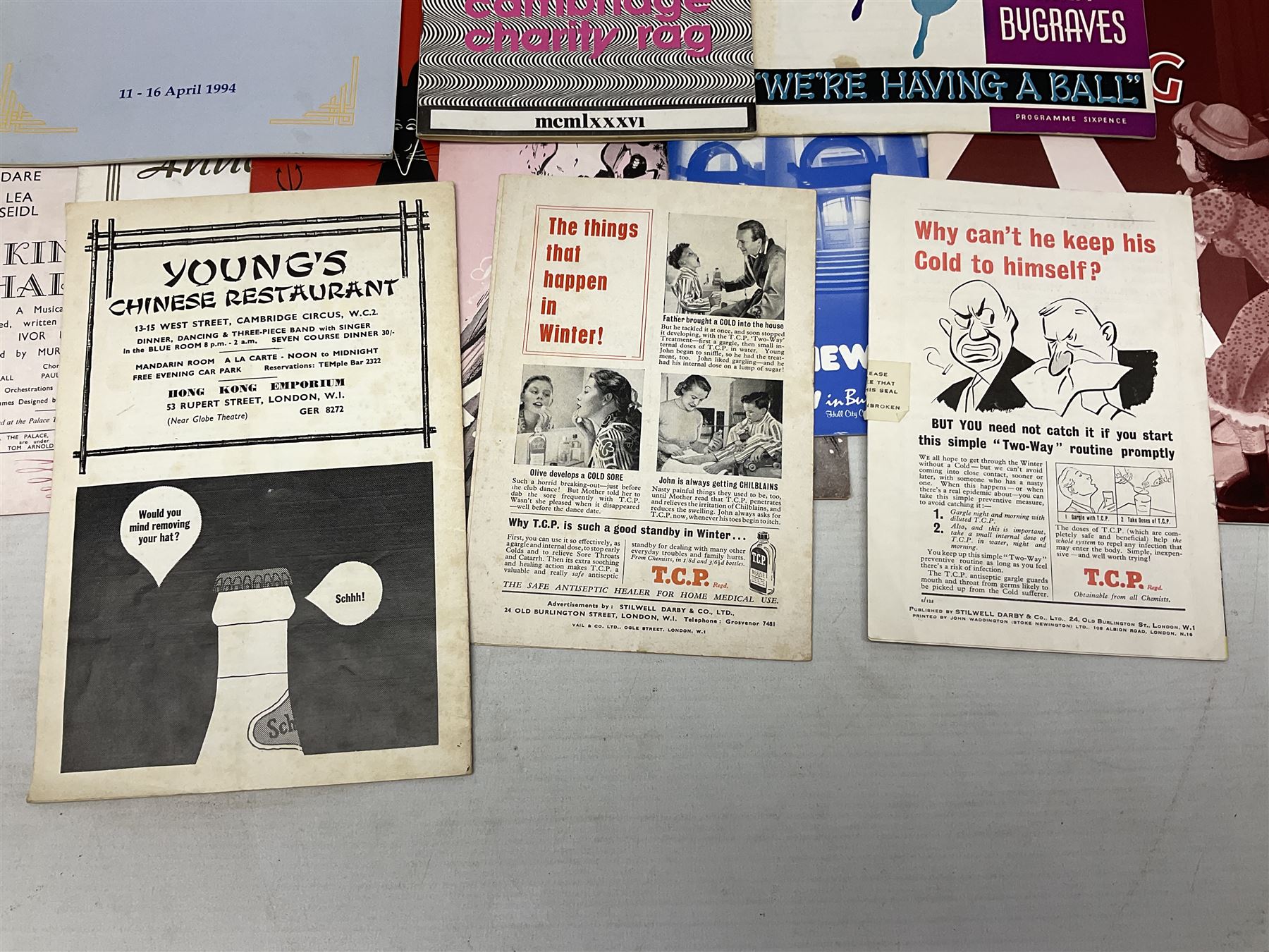 Over thirty theatre programmes 1940s and later including various London theatres - Apollo, Adelphi, Savoy, Drury Lane, Palace, Prince Edward, Vaudeville, Palladium etc, Folies Bergere and others