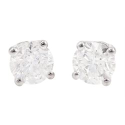 Pair of 18ct white gold round brilliant cut diamond stud earrings, stamped, total diamond weight 1.03 carat, with World Gemological Institute report